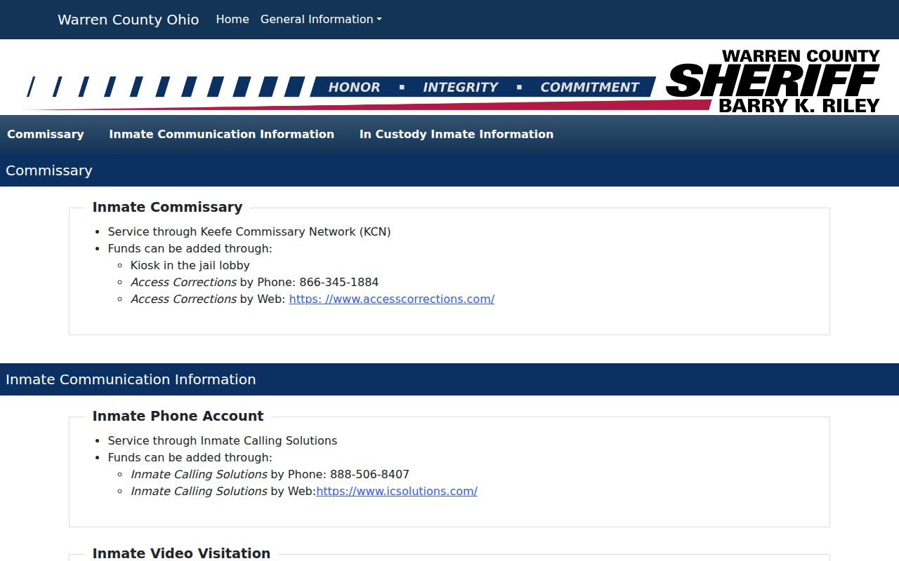 Warren County Jail release records and official contact page