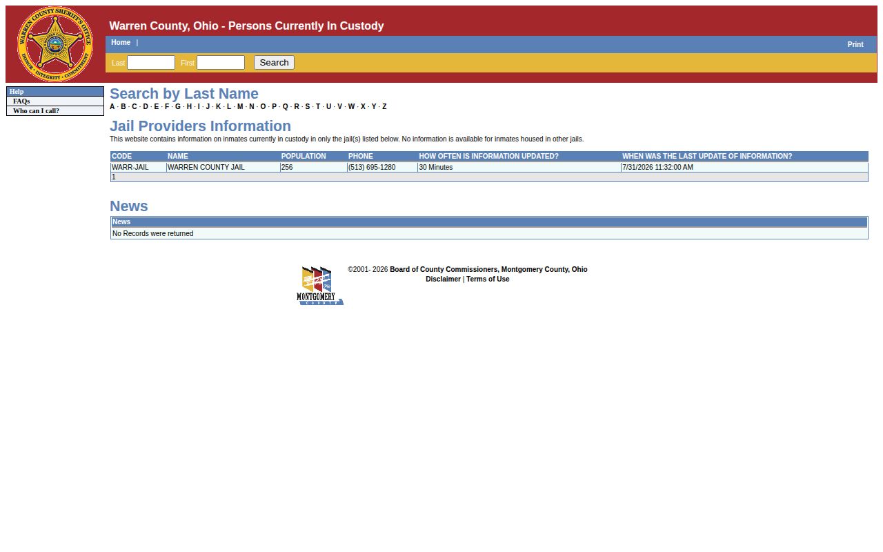 Warren County current custody roster used before a released inmate records request